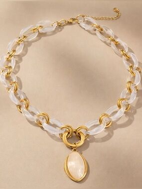 White Link Necklace with Pendant - Women's Jewelry